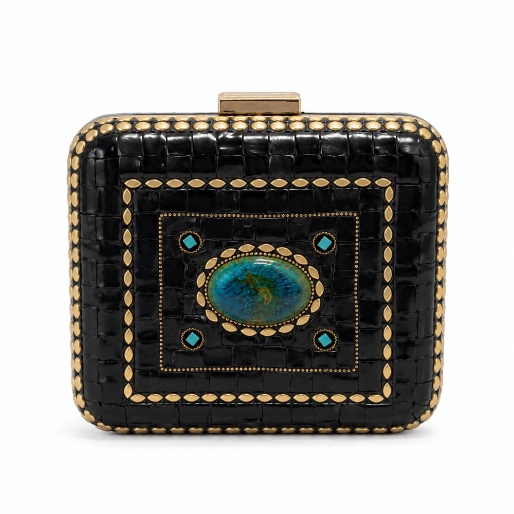 Ramla Handmade Moroccan Mosaic Box Clutch Bag Crossbody Black Turquoise NEW